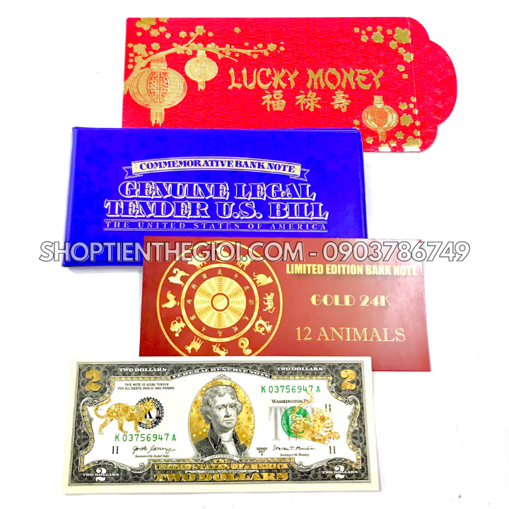 Tiền 2 USD in hình con Mèo 3D nhũ vàng 